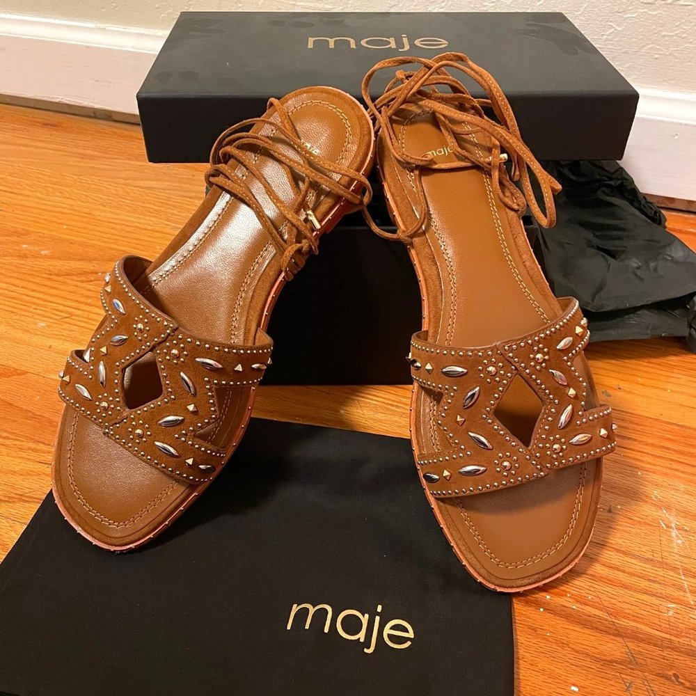 Maje Flat Tie Suede Sandals with Studs